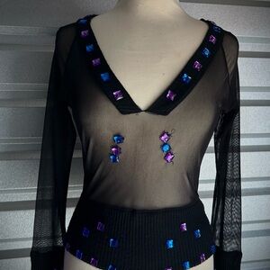 Black Sheer Top with Blue and Purple Accents
